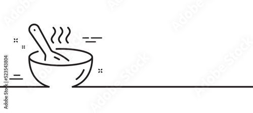 Cook line icon. Hot bowl with spoon sign. Food meal symbol. Minimal line illustration background. Cook line icon pattern banner. White web template concept. Vector