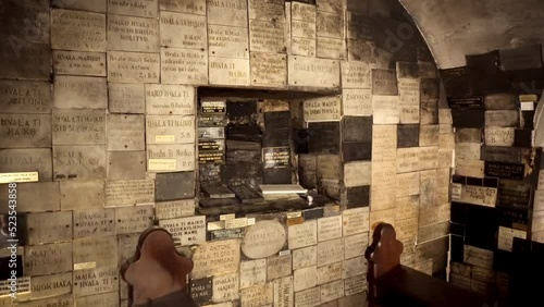 Stone gate Zagreb. Commemorative stone tablets. The icon of the Mother of God that survived the fire in Zagreb. Chapel of Our Lady of the Stone Gate Zagreb. 