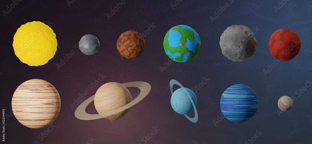 Stylized 9 planets of the solar system, moon, sun on the background of ...