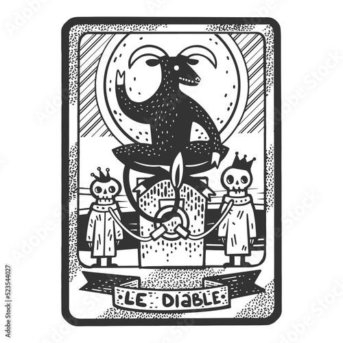 Tarot playing card devil satan sketch engraving raster illustration. T-shirt apparel print design. Scratch board imitation. Black and white hand drawn image.