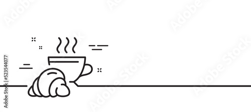 Croissant line icon. Coffee cup with bun sign. Bakery or boulangerie symbol. Minimal line illustration background. Croissant line icon pattern banner. White web template concept. Vector
