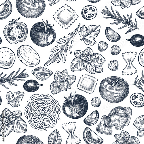 Tasty food seamless pattern. Basil with tomato and pasta elements. Vintage engraved illustration. 