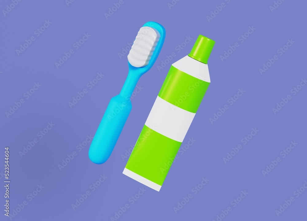 Toothbrush and toothpaste on an isolated blue background illustration on the theme of dentist services 3d render Toothbrush and toothpaste on an isolated blue background illustration on the theme of dentist services 3d render