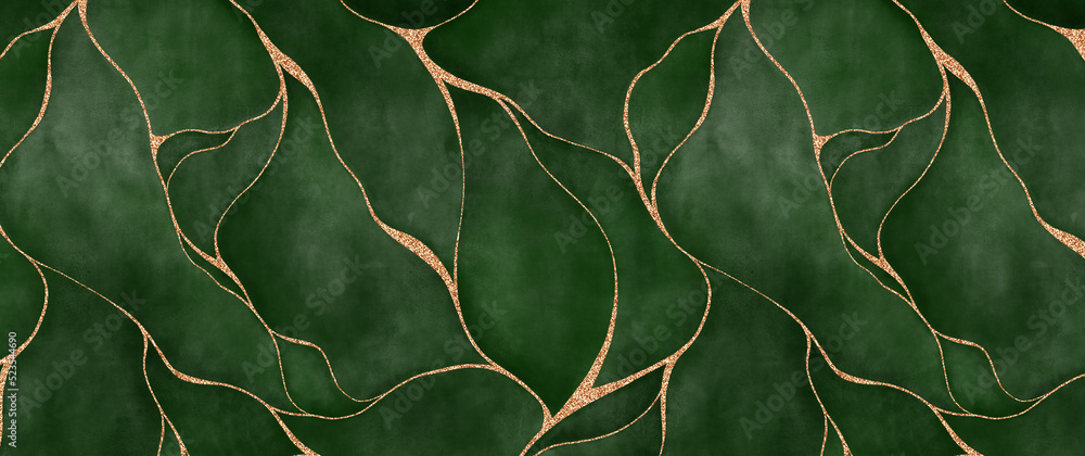 green watercolor background with golden line and Liquid marble texture. abstract leaf print. Modern background. Elegant luxury wallpaper hand painted - obrazy, fototapety, plakaty 