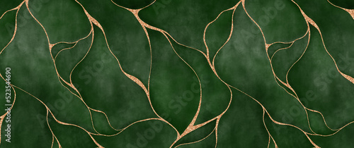 green watercolor background with golden line and Liquid marble texture. abstract leaf print. Modern background. Elegant luxury wallpaper hand painted