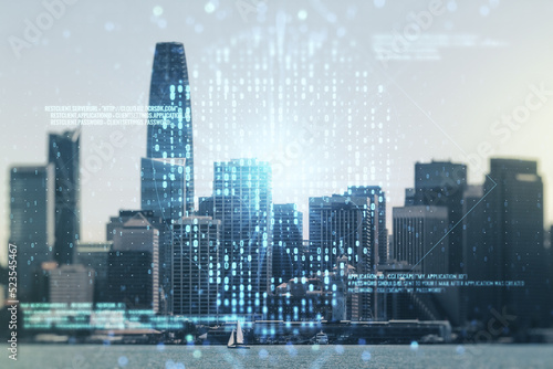 Double exposure of abstract virtual creative code skull hologram on San Francisco city skyscrapers background. Malware and cyber crime concept