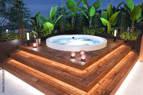 Luxury apartment terrace with hot tub hot tub. Wooden platform, plants, candles and LED light. 3d illustration