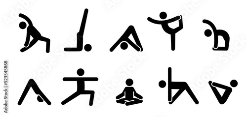 Yoga pictogram icon people. Yoga pose, meditate practice, sport exercise pictogram man set. Health, meditate symbol. Vector illustration.