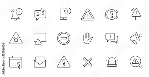Alert, risk sign line icon set. Caution, warning, exclamation mark thin editable line stroke icon. Alert information, accident notification vector illustration. photo