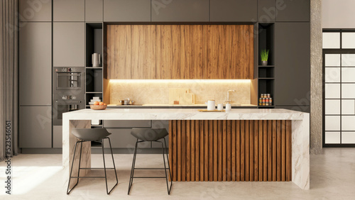 Modern apartment kitchen interior. Large marble kitchen countertop. 3d illustration