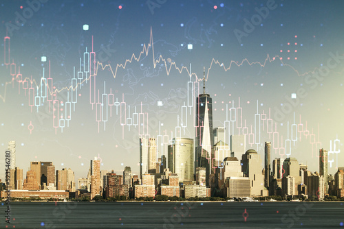Multi exposure of virtual abstract financial diagram on Manhattan office buildings background, banking and accounting concept
