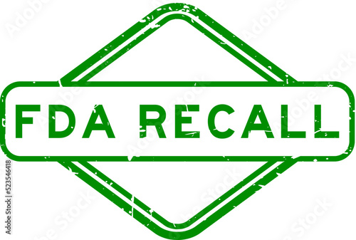 Grunge green FDA recall word rubber square seal stamp on white background