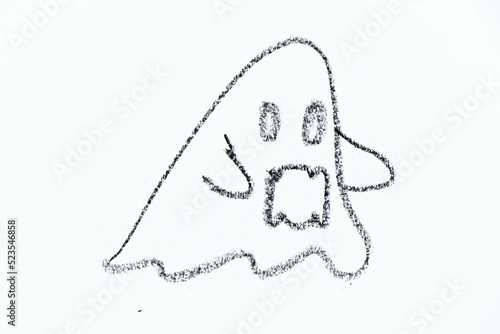 Canvastavla Black color oil pastel hand drawing in flying ghost shape on white paper backgro