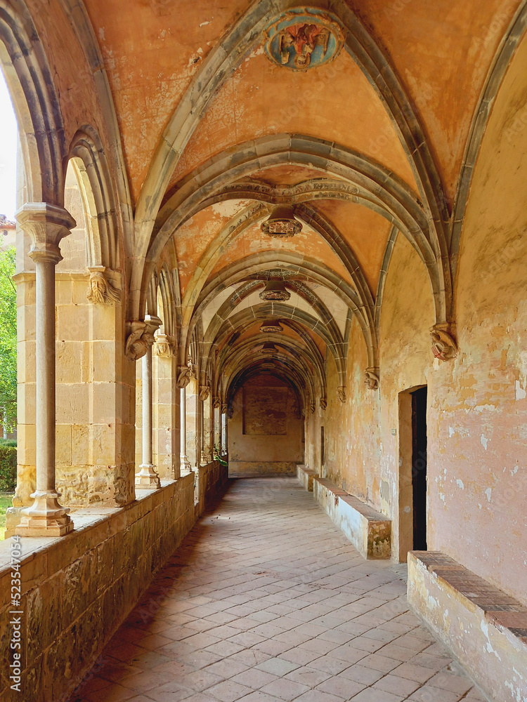 Vaults and arches in cloister of gothic monastery of Sant Jeroni de la Murtra Monastery. Architecture and religious constructions.