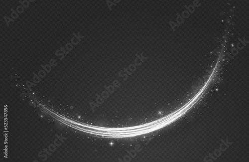 Silver sparkle wave with light effect isolated on transparent background. Shimmering star dust trail. Glow effect. 