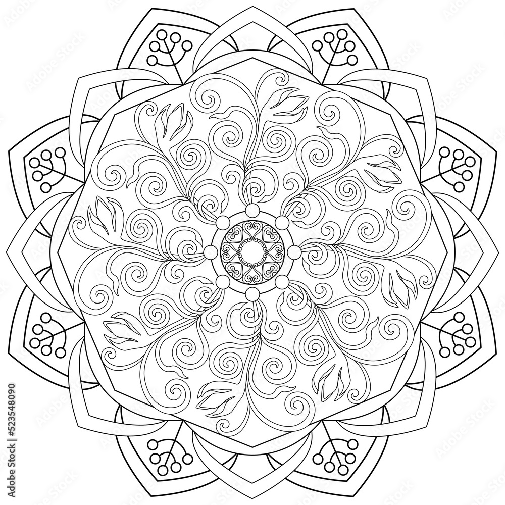 Fototapeta premium Colouring page, hand drawn, vector. Mandala 70, ethnic, swirl pattern, object isolated on white background.