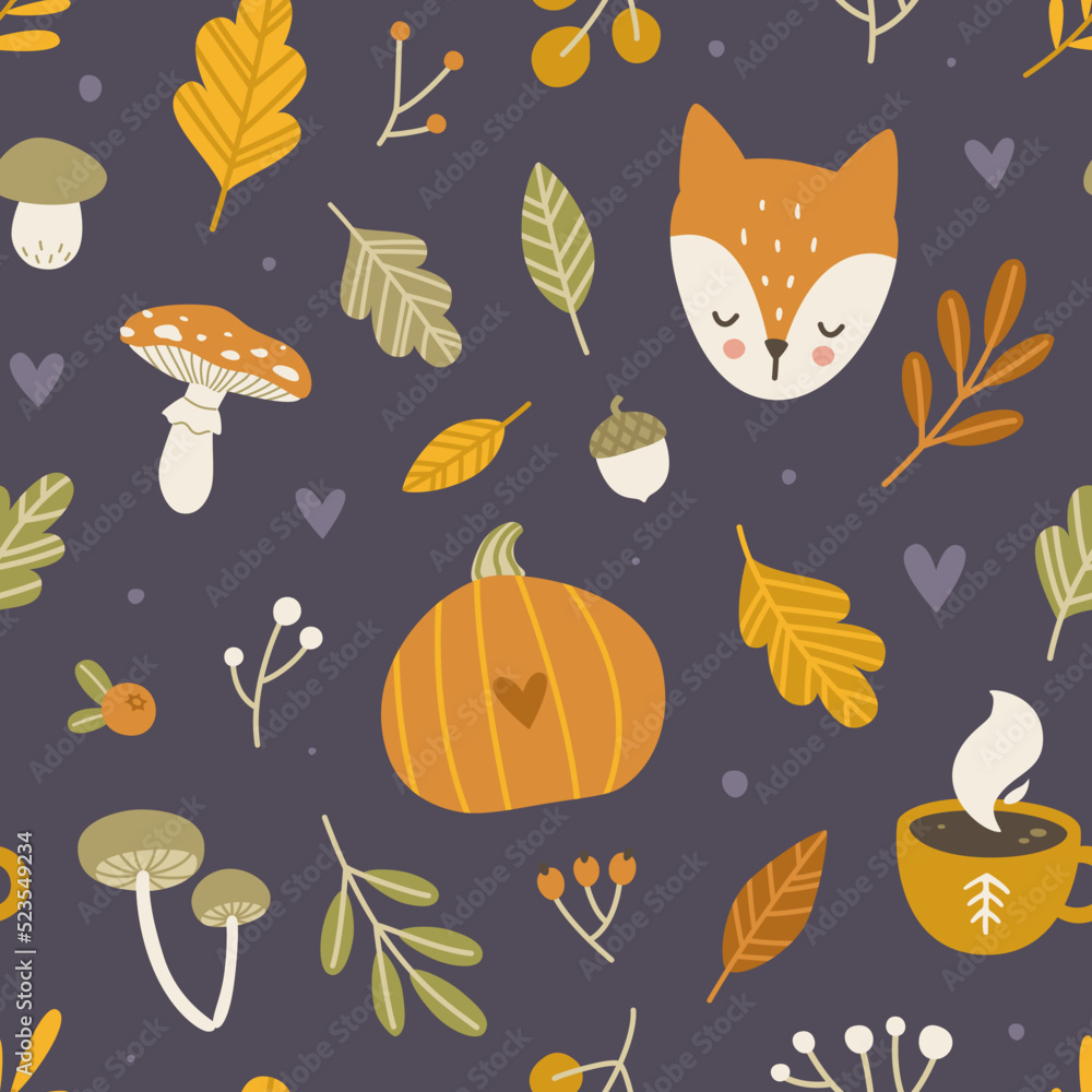 Dark autumn forest pattern with cute fox head. Seamless vector fall print for kids fabric and nursery. Dark autumn forest pattern with cute fox head. Seamless vector fall print for kids fabric and nursery.