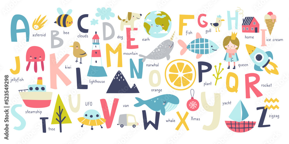 Cute english alphabet for kids with naive doodle pictures. Abc learning cartoon poster for nursery wall. Cute english alphabet for kids with naive doodle pictures. Abc learning cartoon poster for nursery wall.