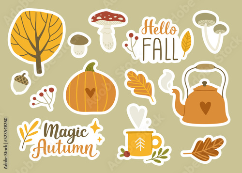 Cozy autumn stickers set. Cute fall season collection. Vector autumnal decoration bundle.