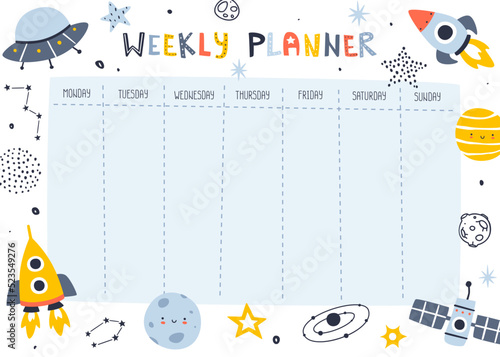 Space weekly planner with rockets and ufo. Scandinavian cosmic design of timetable for kids.
