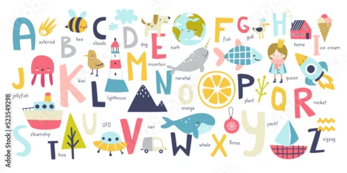 Obraz Cute english alphabet for kids with naive doodle pictures. Abc learning cartoon poster for nursery wall.