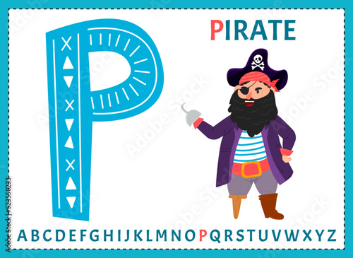 Vector alphabet on sea pirate's theme. Letter P. Pirate with leg prosthesis and prosthetic hook