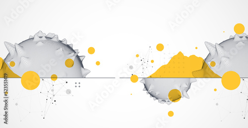 Sphere  theme with connected lines in technology style background. Wireframe illustration. Abstract 3d grid design.