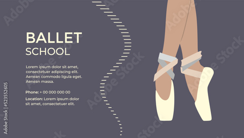 Ballet. Ballet school, essons. Business card. Ballet shoe. Classical ballet dancer. Prima ballerina performance in pointe shoes.Pas. Tutu. Contemporary dance.Colorful Isolated flat vector illustration