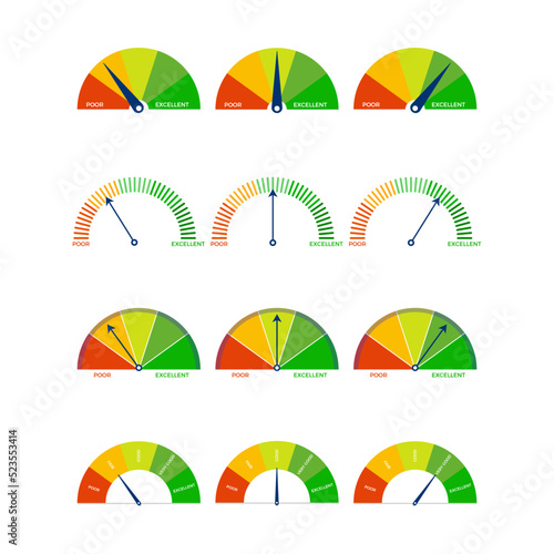 Credit score meter icon set. Performance rating or satisfaction measurement from poor to excellent. Speedometer indicator with color levels. Credit rating performance design. Vector illustration