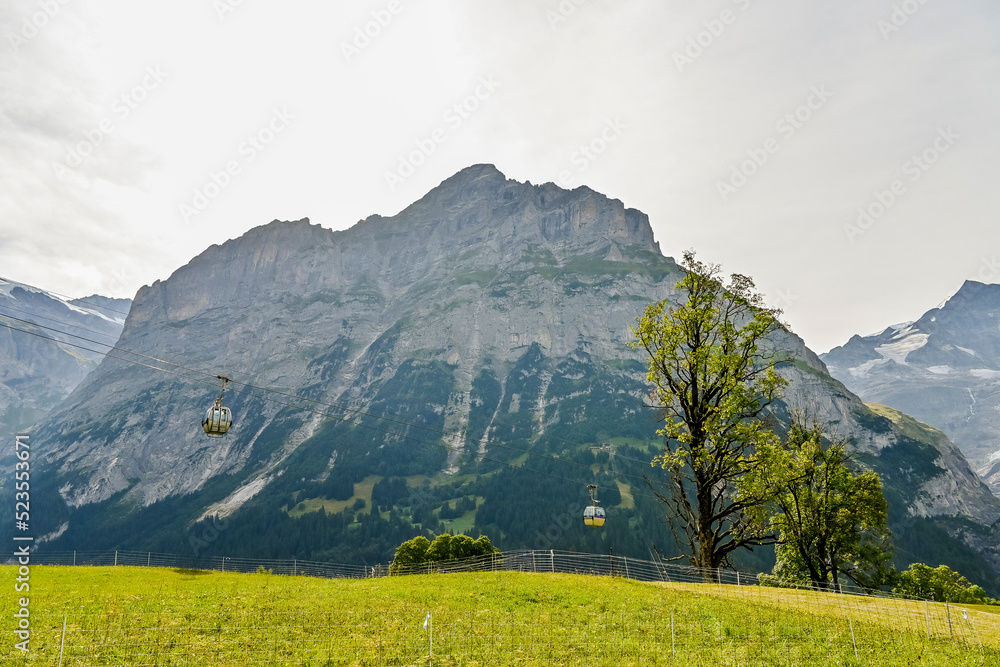 Obraz premium Grindelwald, Schreckhorn, Pfingstegg, Mettenberg, Gletscher, Alpen, Berner Oberland, Finsteraarhorn, Fiescherhörner, Wanderweg, Bergbahn, Bergdorf, Sommer, Schweiz 