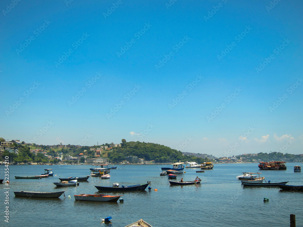 Boats in the harbor at the Ilha do Governador, Rio de Janeiro City, State of  Rio de Janeiro, Brazil.