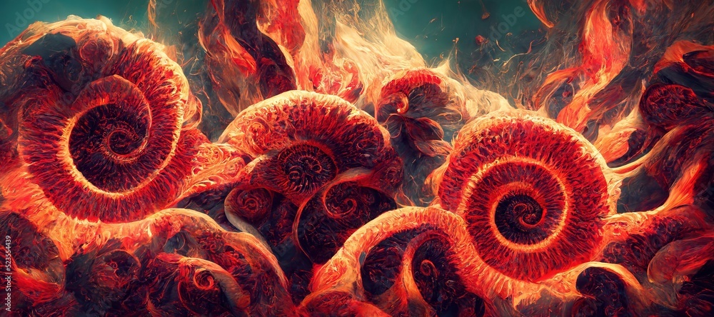 Surreal red rose fire flames unfurls - stranger worm like twirls and ammonite tentacle swirls. Crimson rouge and burning orange mixed with abyss blue colors. Surreal red rose fire flames unfurls - stranger worm like twirls and ammonite tentacle swirls. Crimson rouge and burning orange mixed with abyss blue colors.