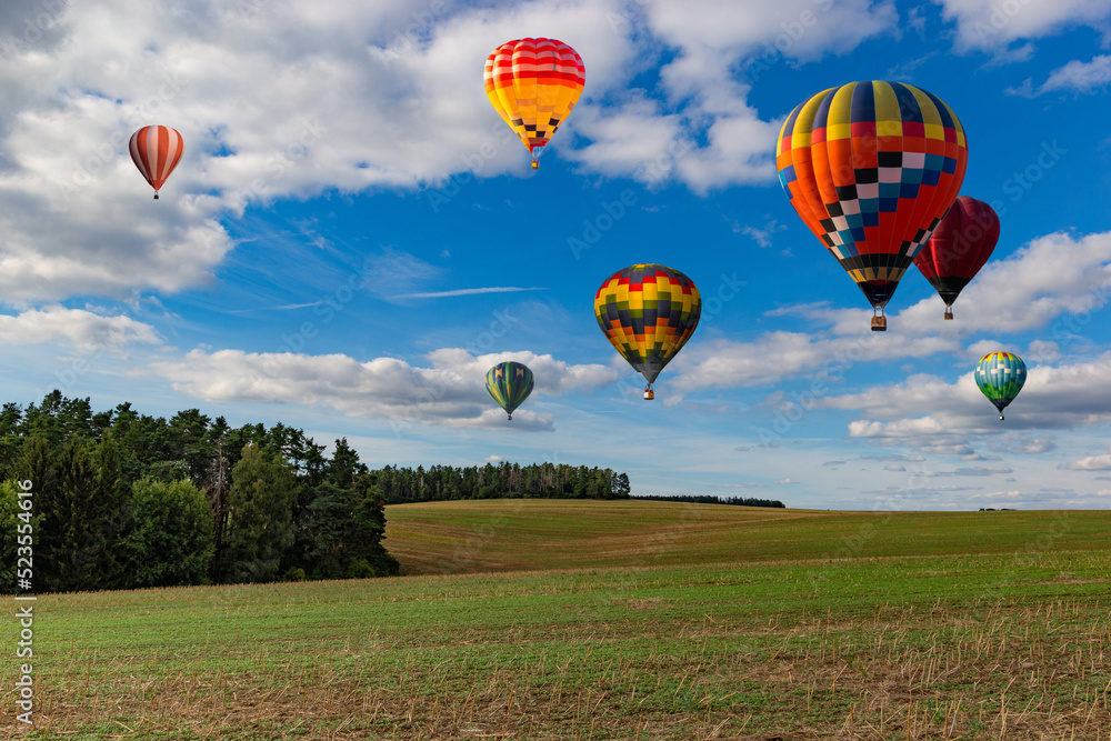 Obraz premium Multicolored hot air balloons fly in blue sky with white clouds over green field.