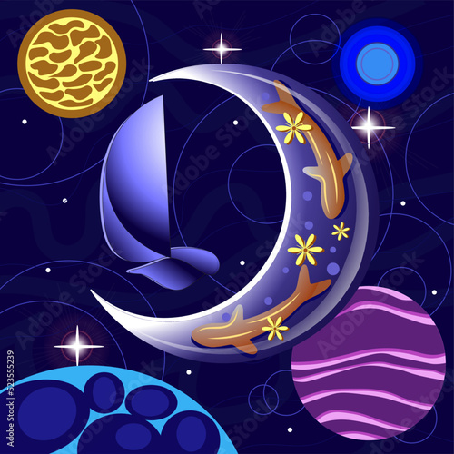 A fantastic moon and a sailboat on the background of a starry sky with planets. Mystical fish and space. Illustration for background, wallpaper