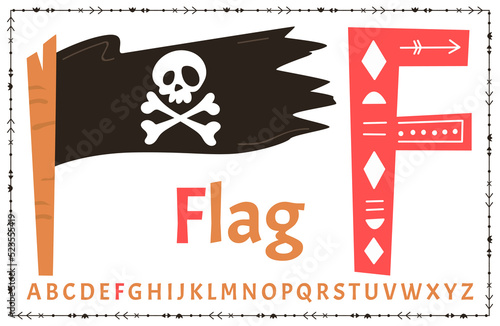 Vector alphabet on sea pirate's theme. Letter F. Flag.