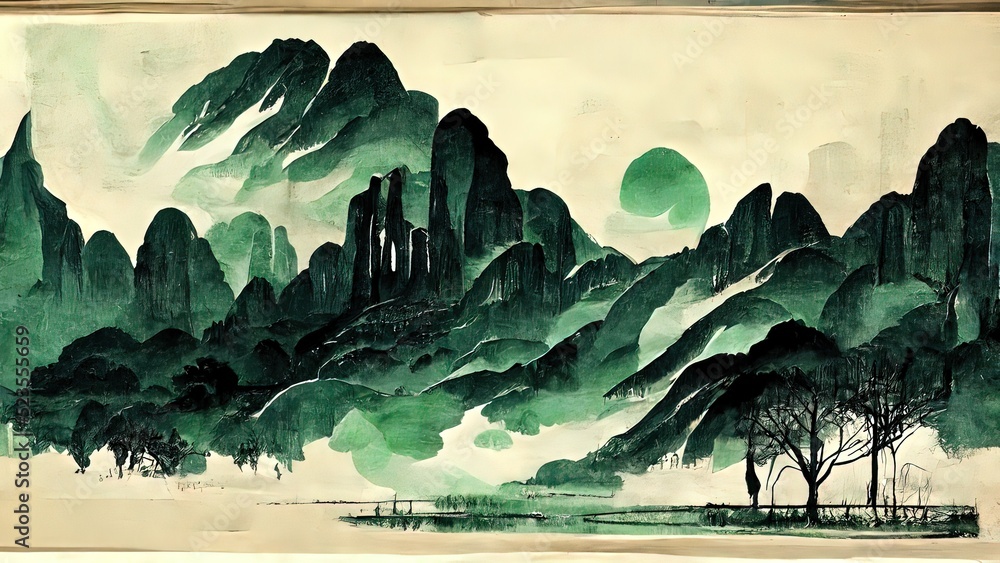 Green and black traditional chinese ink wallpaper. 4K painting