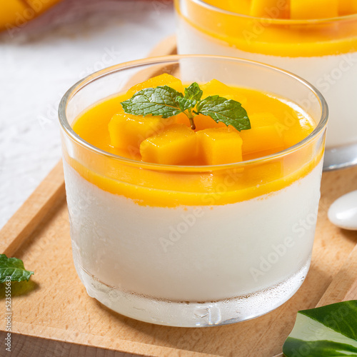 Photos Delicious double colored mango panna cotta mousse pudding on white table background