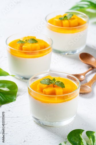 Delicious double colored mango panna cotta mousse pudding on white table background.