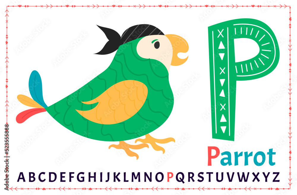 Obraz premium Vector alphabet on sea pirate's theme. Letter P. Parrot