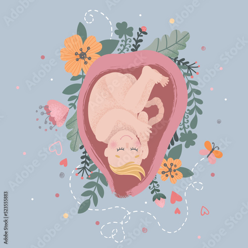 Embryo surrounded by flowers. Vector images for obstetric clinics and educational preparation courses for childbirth