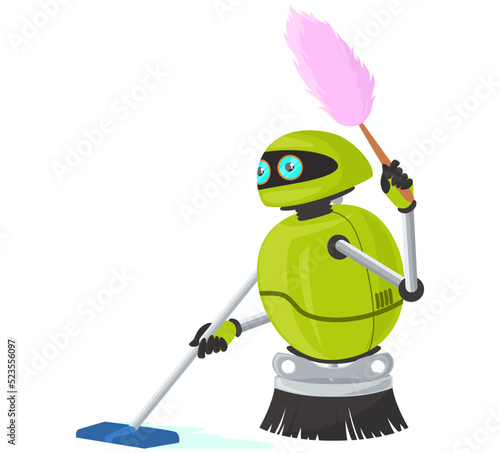 Robot assistant cleaning floor vector flat icon