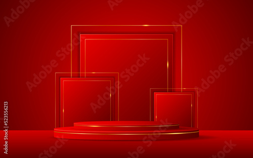 Red podium with red squares and elegant gold lines on the back for product presentation. cosmetic product display vector illustration
