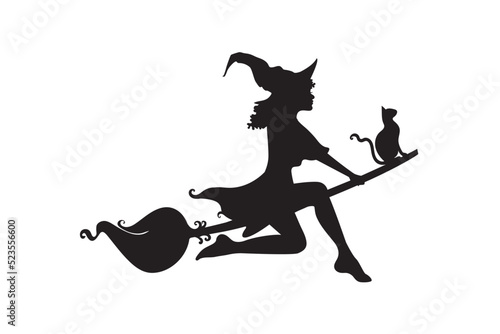 Black silhouette of afro witch flying on a broomstick. Silhouette for the Halloween. Mystical illustration. Vector outline of a witch.