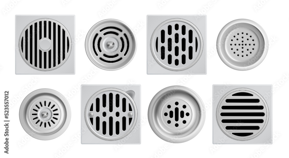 Realistic Metal Drainage Grates Icon Set Realistic Metal Drainage Grates Icon Set