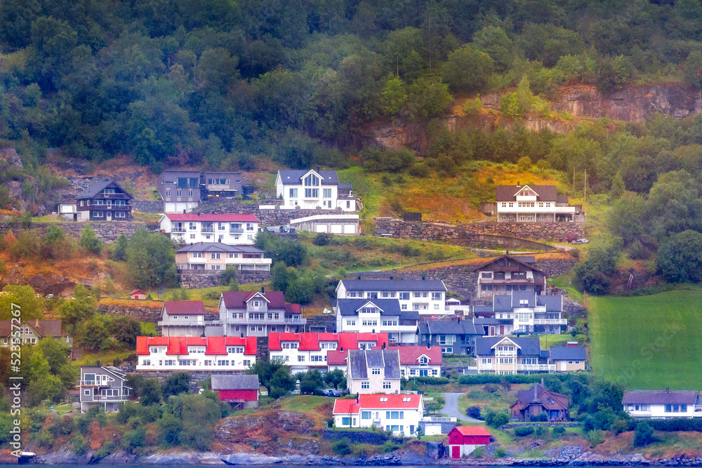 Norway village houses sunset landscape