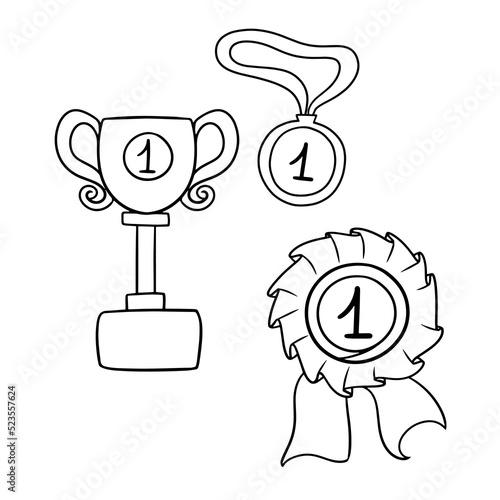 Monochrome set of icons and stickers, awards for first place, winner cup, vector cartoon