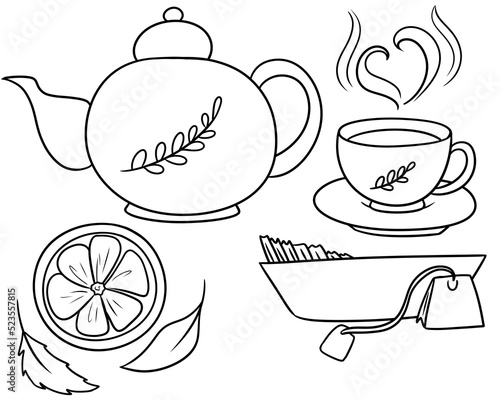 Monochrome picture, Cute set of autumn dishes in cartoon , beautiful ceramic dishes for making tea