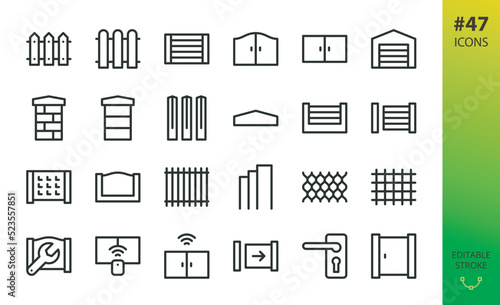 Fence and gates isolated icons set. Set of fence panel, garage with automatic sliding gate, swing gates, post cap, rabitz mesh, concrete fence posts, wire fencing materials vector icon.