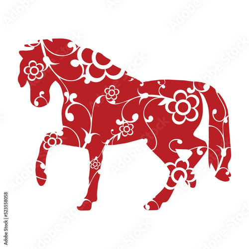 Fototapeta Naklejka Na Ścianę i Meble -  Hand drawn red horse with flowers and leaves ornaments, paper cut art style pattern vector isolated on white background. Chinese lunar new year. Year of the Horse animal zodiac sign.