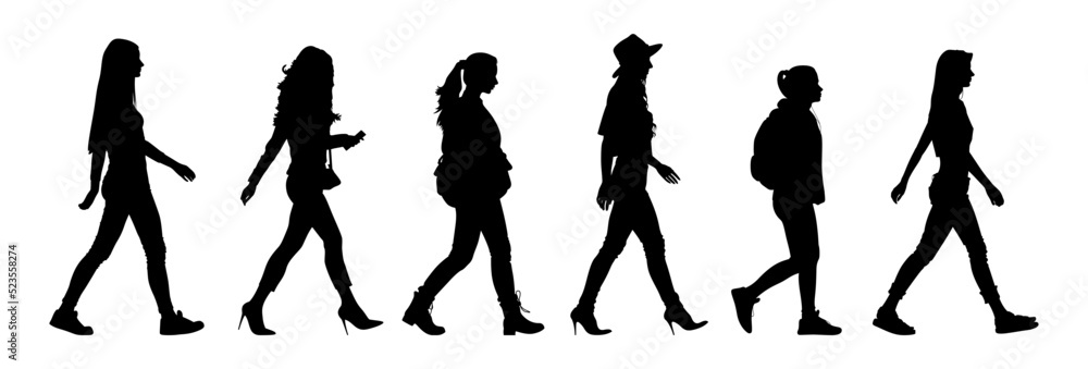 Set of silhouette. Black people on white background. Profile walking ...
